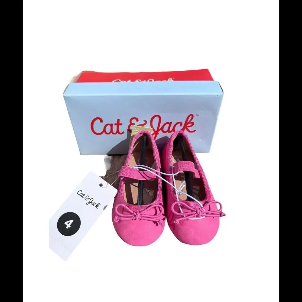 Cat & Jack Toddler Girls Sz 4 Slip on Pink Fabric Ballet Flats W Bow Strap NIB